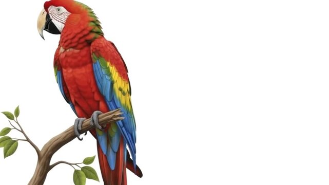 A red green and blue macaw perched on a branch with green leaves set against a white background