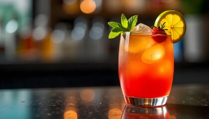 A stylish non-alcoholic beverage with fruit and mint on the bar, embodying the spirit of mindful drinking and recovery