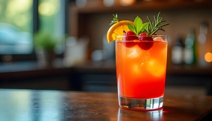 A drink adorned with fresh fruit and mint rests on the bar, highlighting the trend of alcohol-free choices and wellness
