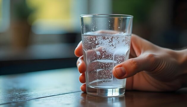 Close-up of a hand holding a bubbly glass of water, representing a healthy, alcohol-free lifestyle and self-care