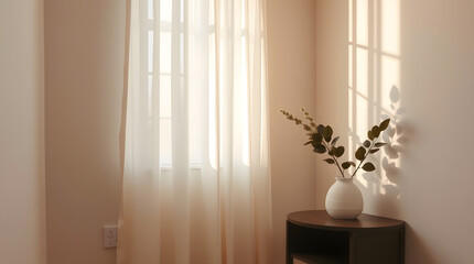 Warm Sunlight Streaming Through Sheer Curtains Illuminating a Minimalist Corner with a Vase of Greenery