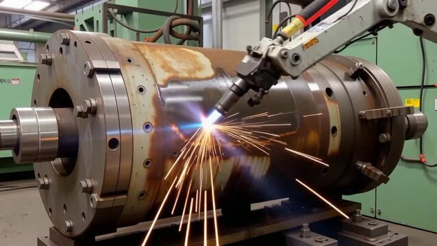 Robotic arm with laser cleaning rust on machine