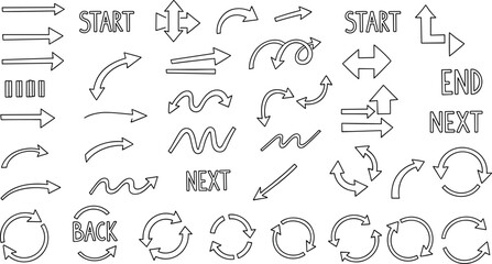 Hand drawn arrows, sketch style, directional symbols, curved arrows, flowchart elements, navigation icons, looping arrows, vector illustration, editable, isolated