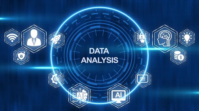 Modern data analysis and artificial intelligence technology infographic on a futuristic blue background - Powered by Adobe