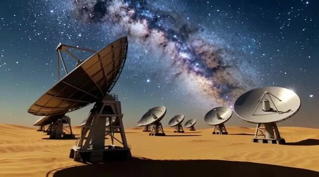 Satellite dishes on desert at night
