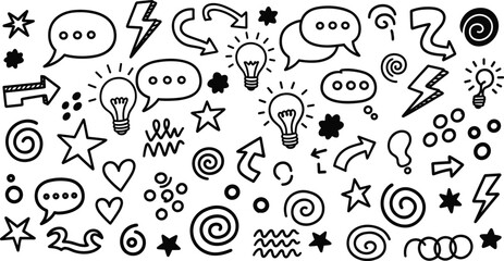 Hand drawn doodles, sketch icons, speech bubbles, arrows, lightning bolts, hearts, stars, symbols, vector illustration, isolated, editable