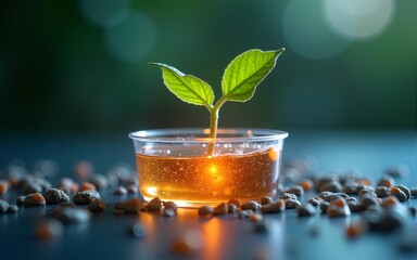 A glowing sprout, nestled within a petri dish amidst micro-particles, symbolizes the innovative power of biotechnology for sustainable growth This image represents cutting-edge research in plant