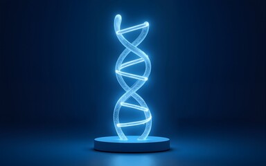 Abstract glowing DNA hologram on dark blue backdrop with mock up place. Science, medicine and biotechnology concept. 3D Rendering. High quality
