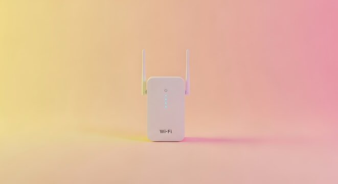 Modern Wi-Fi extender device with dual antennas glowing softly in pastel gradient background