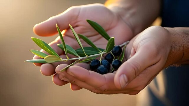 Hands holding olive branch with sunlight background