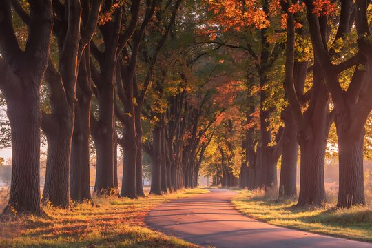Winding asphalt road lined with a dense avenue of mature trees displaying vibrant autumn foliage bathed in warm morning sunlight