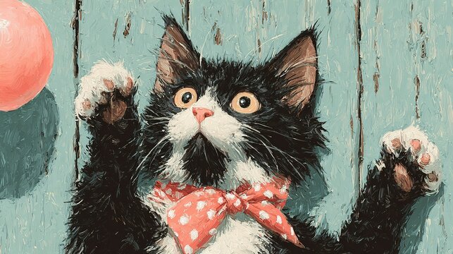 Black and white cat with a pink bow tie reaching for a balloon.