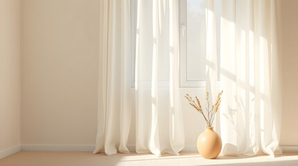 A serene and minimalist room with morning sunlight streaming through a sheer curtain, illuminating a vase with dried wheat