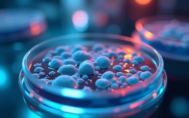 Macro close up shot of bacteria and virus cells in a scientific laboratory petri dish. Generative AI. High quality