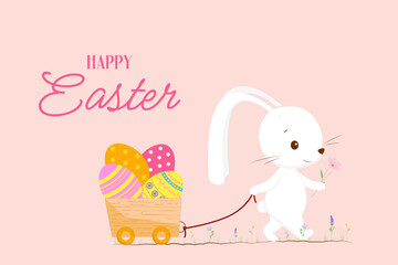 Cute white bunny pulls a cart full of colorful Easter eggs. 