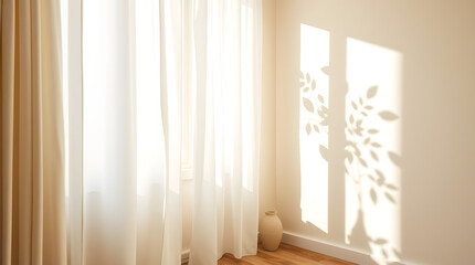 A tranquil room corner where morning sunlight streams past sheer curtains, casting delicate leafy shadows onto a warm, beige wall