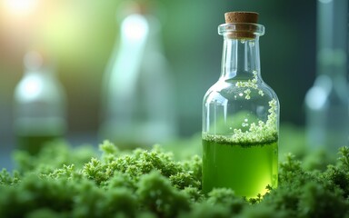 science technology research of green alga biofuel in laboratory, biotechnology industry with alternative natural experiment, biodiesel oil fuel energy from plant to sustainable environment