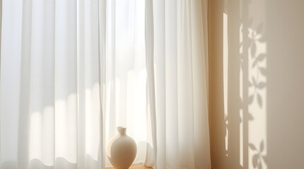 Soft natural light illuminates a tranquil minimalist interior. White sheer curtains filter daylight, casting delicate leaf shadows on a bright wall, creating a serene ambiance