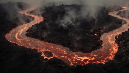 Fototapeta premium Aerial view of a lava river flowing through a dark landscape.