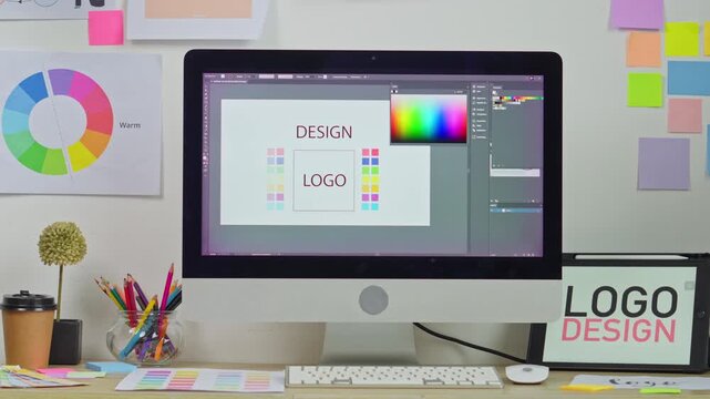 Dynamic logo design unfolds on computer screen with vibrant color palettes and sketches
