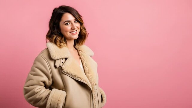 A cheerful woman smiles, wearing a cozy shearling-lined jacket against a pink background