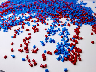 plastic masterbatch, colorful polymer masterbatch type cold cutting raw material granular, isolated on white background, for product catalog design of plastic manufacturing industry company profile