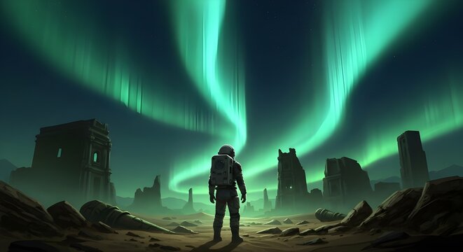 Mysterious green forest illuminated by futuristic glowing lights