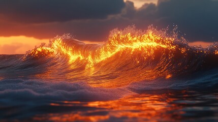 Fototapeta premium Fiery ocean wave at sunset, dramatic seascape, ethereal light