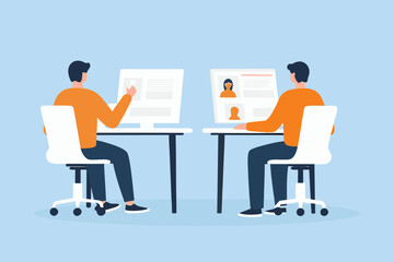 Two people sitting at desks looking at computer screens displaying profile information and resumes