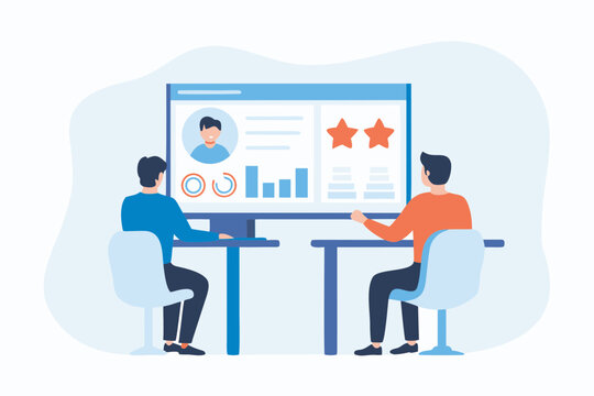 Two people collaborating and analyzing data on a computer screen with charts and ratings