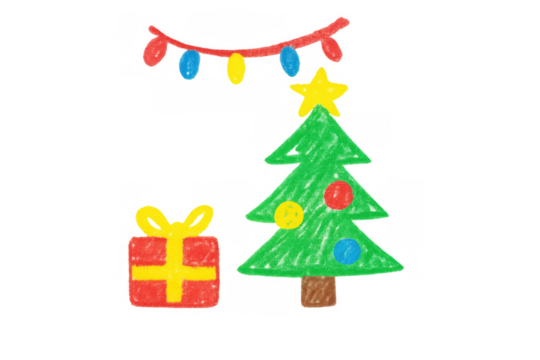 Child's crayon drawing featuring a christmas tree, gift, and holiday lights on transparent background