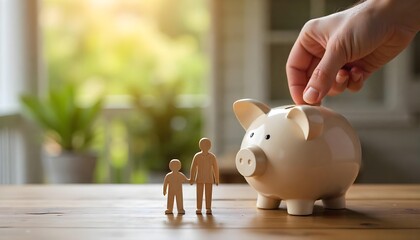 Family savings concept with a hand and miniature family on a wooden table, symbolizing financial planning and security