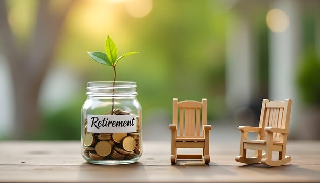 A jar filled with coins, and wooden rocking chair, symbolizing retirement savings and financial security for families