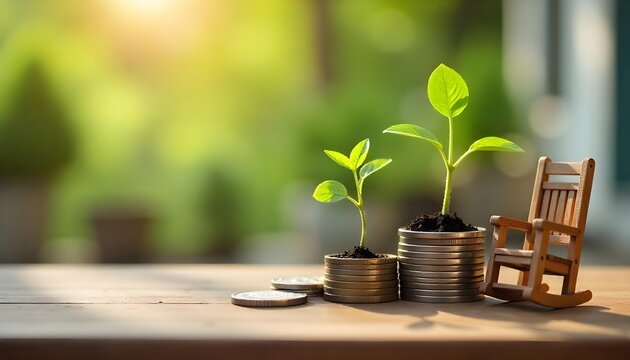 A wooden rocking chair with coins and a growing plant, illustrating the concept of wealth management and retirement planning - Powered by Adobe
