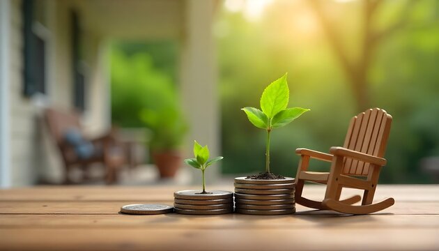 A wooden rocking chair featuring coins and a thriving plant, representing financial security and retirement savings - Powered by Adobe