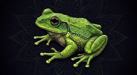 Obraz premium Detailed illustration of a vibrant green amphibian rests against a dark background featuring a subtle pattern
