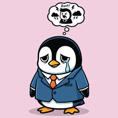Workplace Stress Crying Penguin in Suit with Angry Boss Thoughts