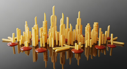 French fries arranged like a city with ketchup