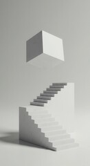 Minimalist composition featuring a white floating cube above a geometric staircase structure