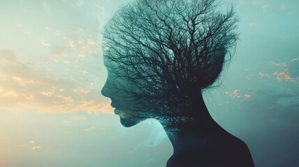 A silhouette of a person with a tree-like silhouette emerging from their head against a cloudy sky.