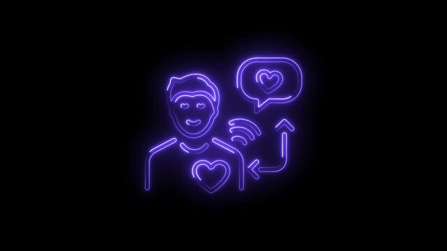 Neon man sending love social media notification with heart shape and arrow on black