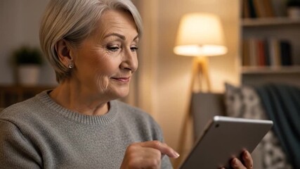 Smiling senior woman interacting with digital tablet indoors - Powered by Adobe