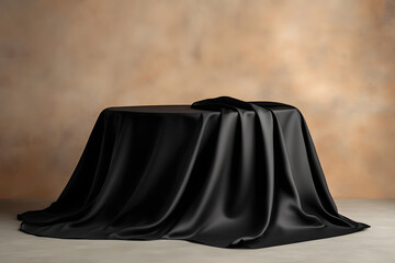Naklejka premium Elegant black silk fabric draped over a round table against a textured backdrop