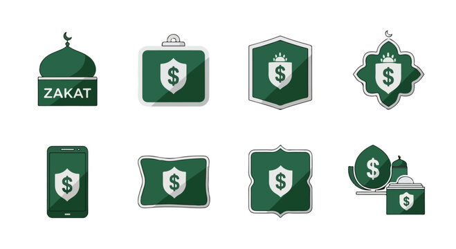 Islamic Finance Icons Zakat Charity Donation Halal Investment Financial Security Shields Mosque Dollar Sign Vector Collection