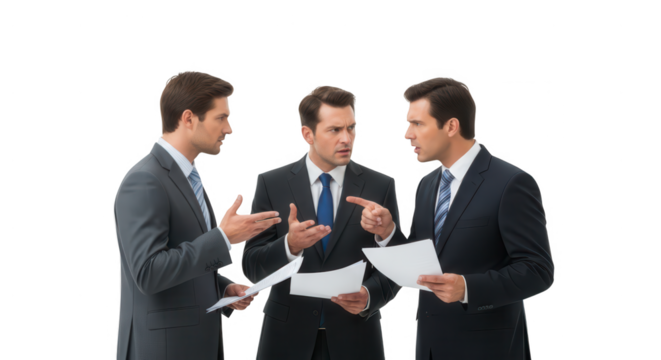 Three businessmen in suits arguing over documents, isolated on transparent background