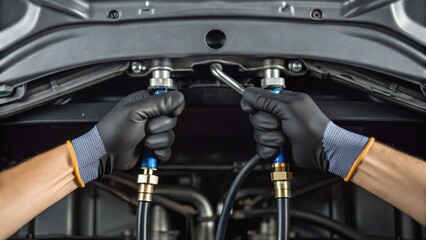 Obraz premium Hands in gloves connect hoses under a car hood, showcasing automotive repair or maintenance work in a detailed close-up.