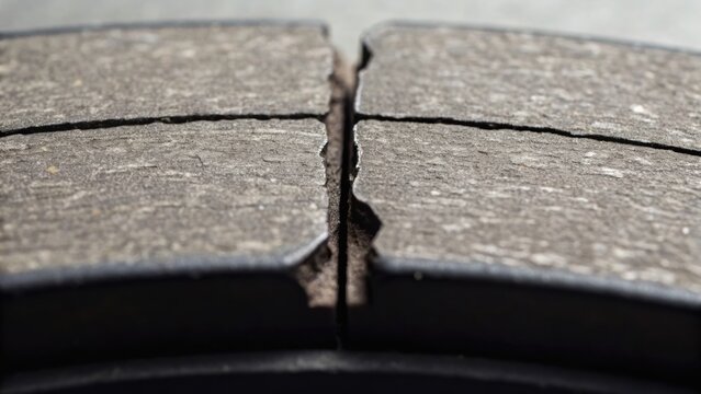 Close-up image of a worn brake pad showing cracks and surface damage, highlighting maintenance issues in vehicles.