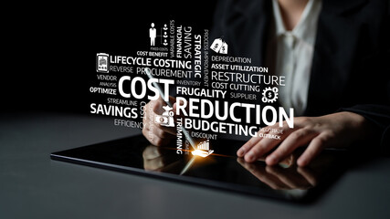 A professional analyzing cost reduction strategies on a digital tablet, emphasizing budgeting, efficiency, and financial management in today business landscapes. Tessel