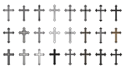 Twenty-four crosses in gray, white, black, and brown arranged in rows and columns on clean white background