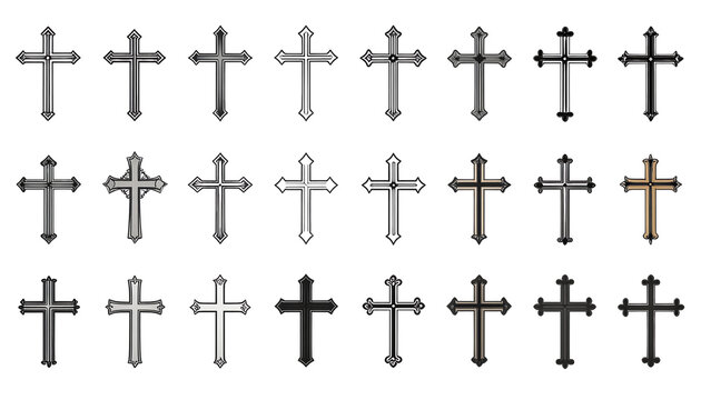 Twenty-four crosses in gray, white, black, and brown arranged in rows and columns on clean white background